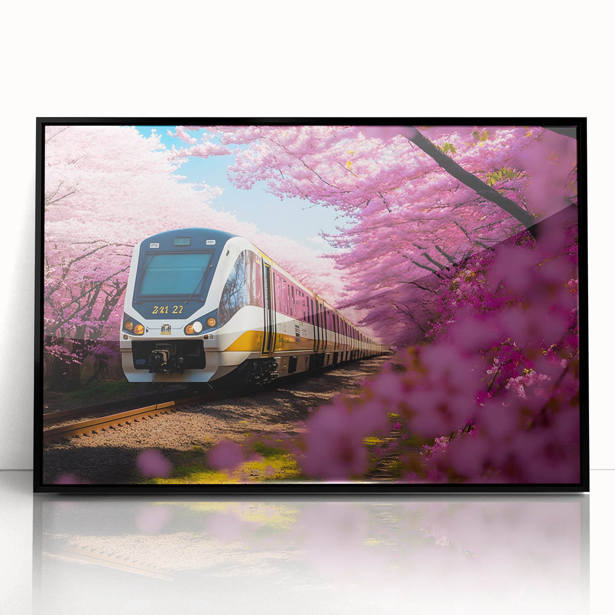 Large abstract wall art of a train in black and white tones, framed acrylic, ideal for modern art wall decor.