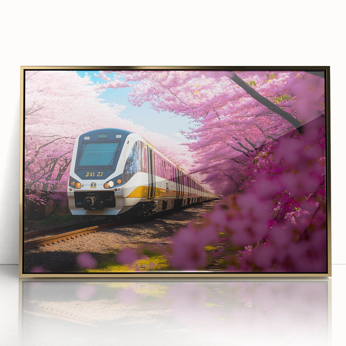 Mid-century modernist train illustration in gold and black hues, framed acrylic, ideal for nursery wall art.