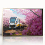 Mid-century modernist train illustration in gold and black hues, framed acrylic, ideal for nursery wall art.