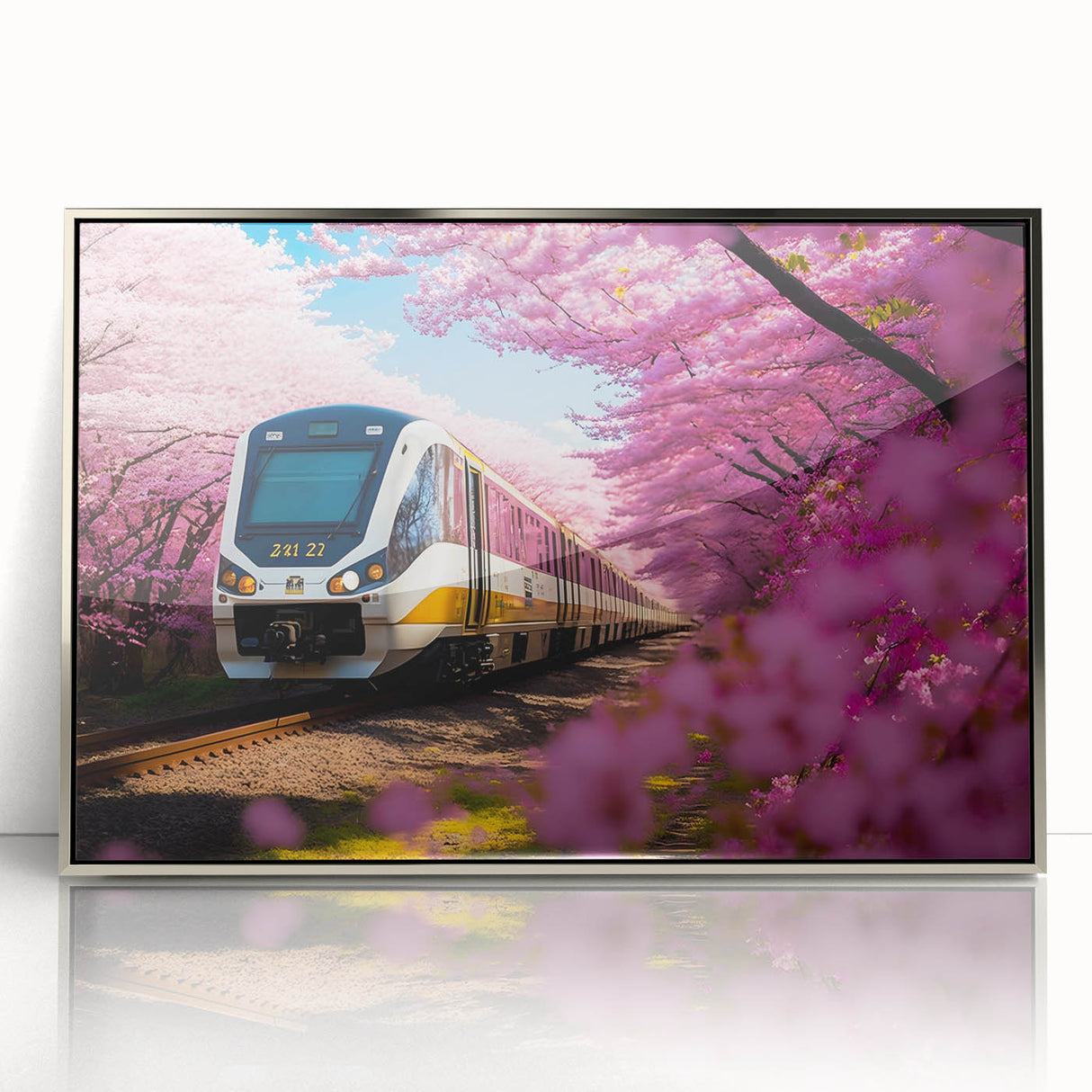 Mid-century modernist train art in acrylic, silver framed, with muted gray tones, ideal for nursery wall art.