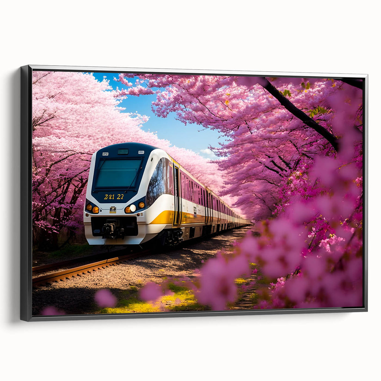 Black and white framed canvas of a vintage train landscape, ideal for bedroom wall art.