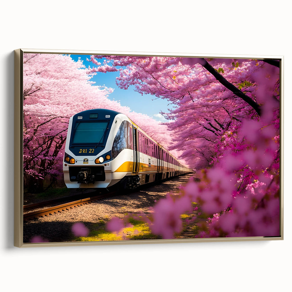 Framed canvas depicting a vintage train in black and gold tones, suitable for bedroom wall art.