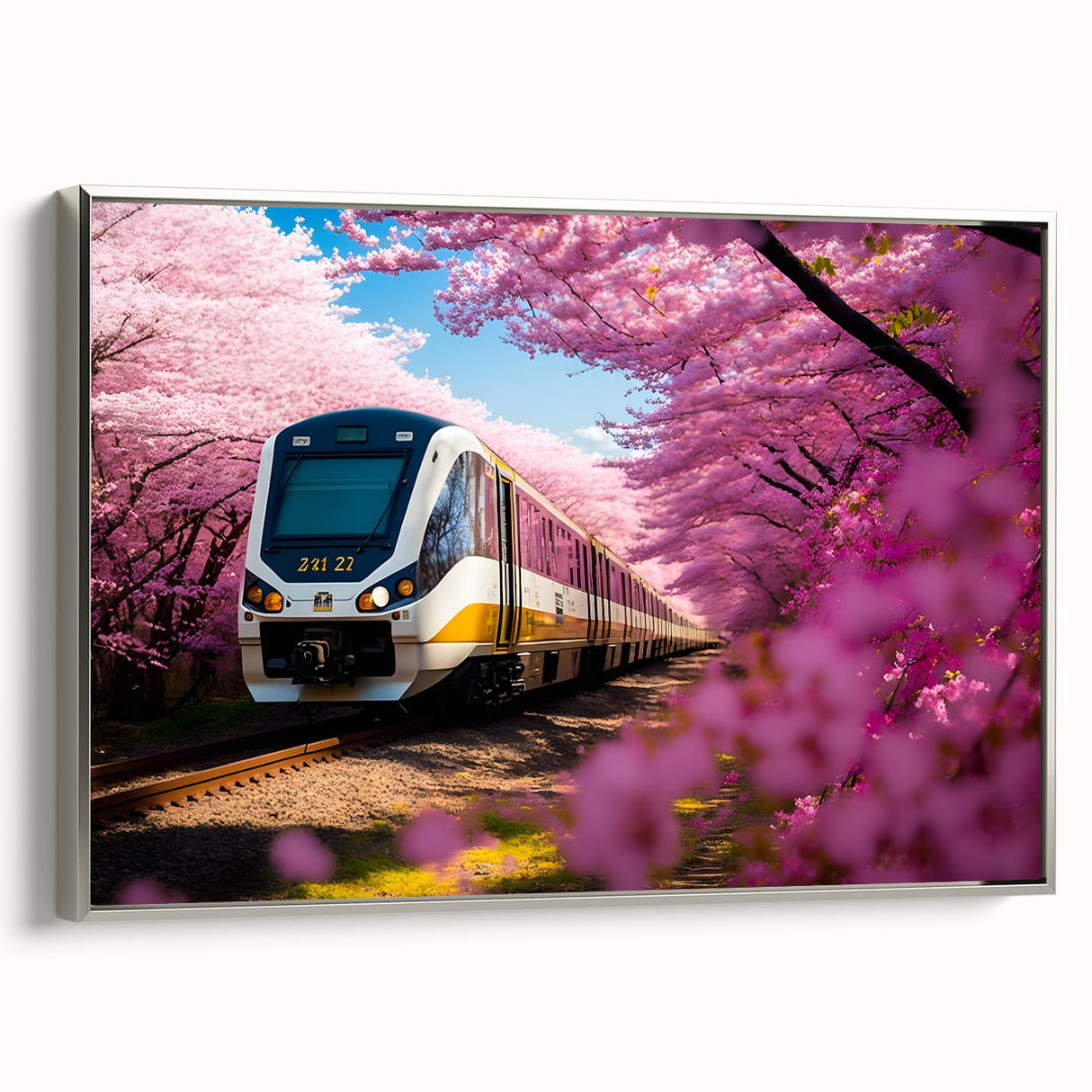 Landscape art painting of a vintage train in colorful hues on a black background, framed canvas, ideal for office decor.