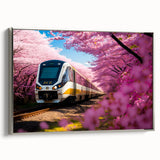 Landscape art painting of a vintage train in colorful hues on a black background, framed canvas, ideal for office decor.