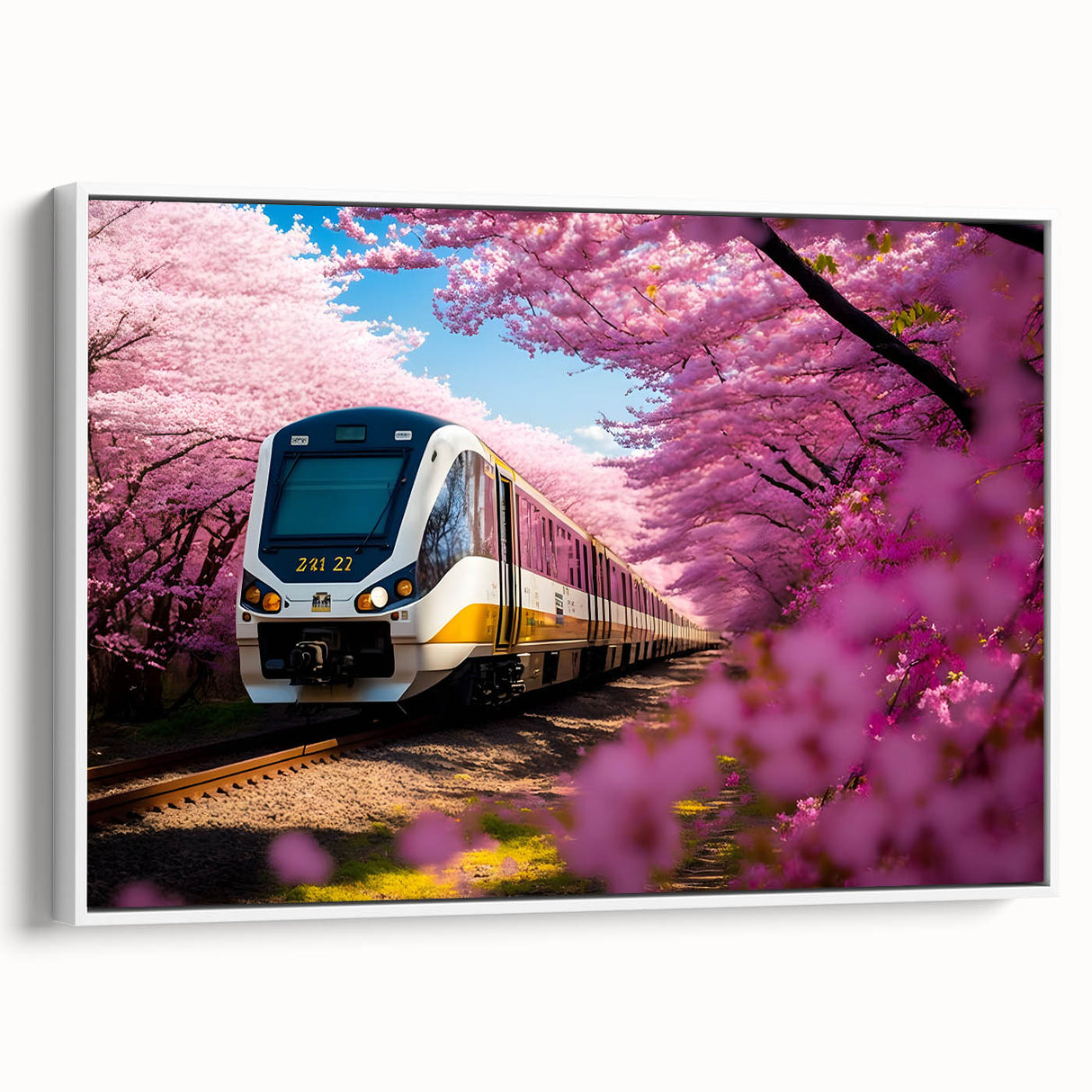 Vintage poster art of a classic train in vibrant colors on a large framed canvas, ideal for living room decor.