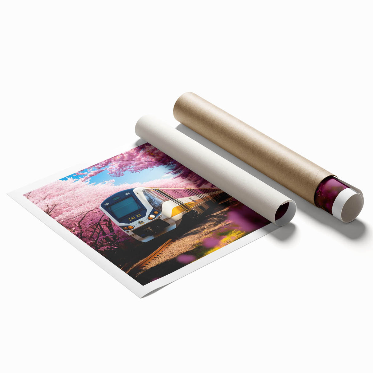 Extra large rolled print featuring a vintage train with muted earth tones, ideal for classy bathroom wall art.