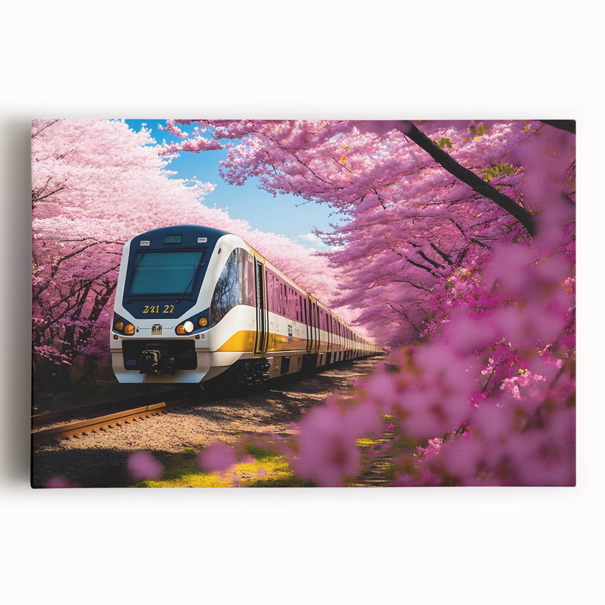 Black and white print of a vintage train on stretched canvas, ideal for kitchen wall art.