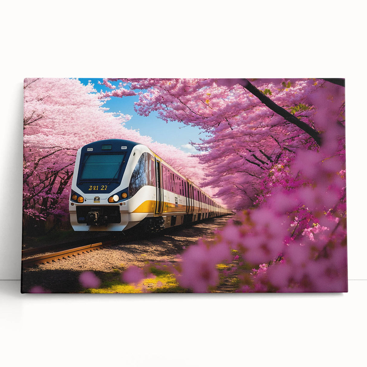 Black and white photo of a vintage train on stretched canvas, suitable as large kitchen wall art or for bedroom ambiance.