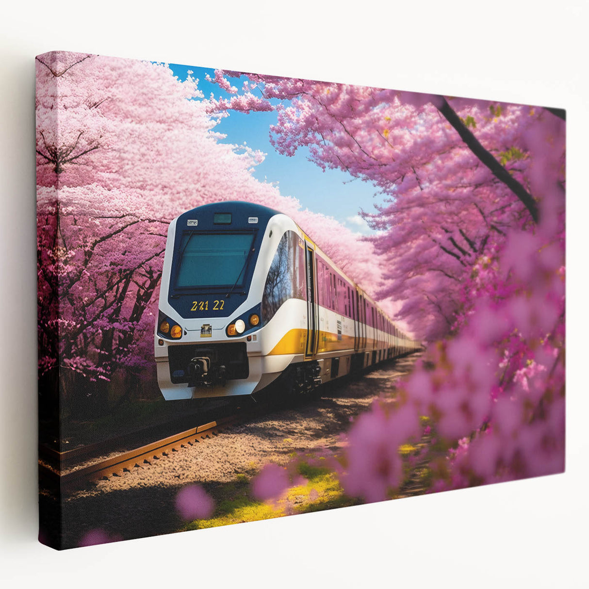 Side view of a classic train in muted earth tones on a stretched canvas, suitable for kitchen wall art.