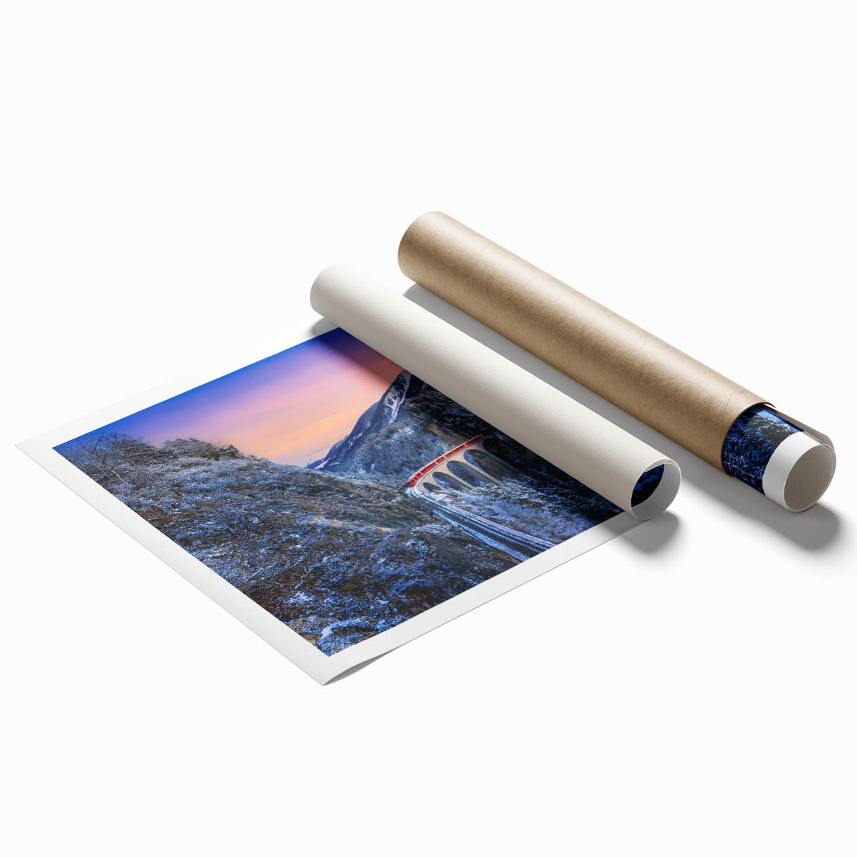 Extra large rolled print featuring a detailed train design in muted gray tones, ideal for classy bathroom wall art.
