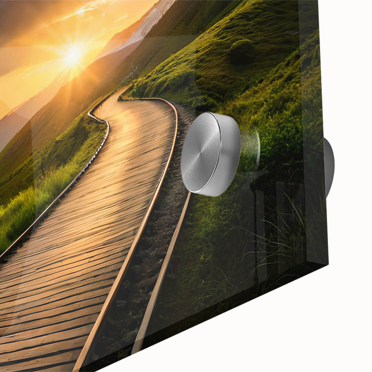 Large abstract wall art featuring a mid-century modernist train design in muted grays and blues on acrylic glass.