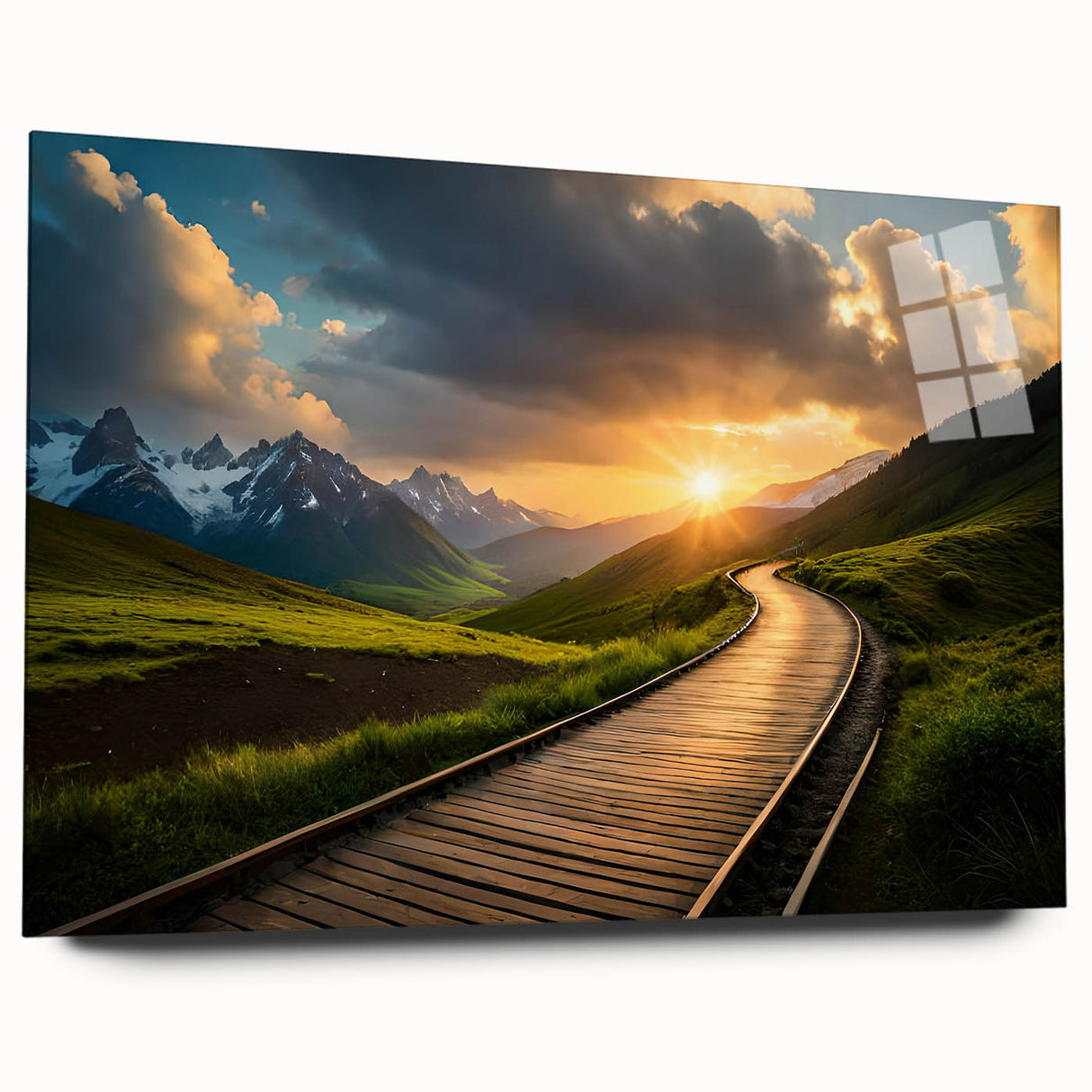 Side view of a large abstract train print on acrylic glass, in muted metallic tones, ideal for bedroom or dining room art.
