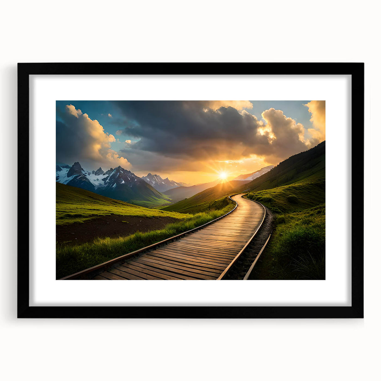 Extra large, colorful abstract art print of a train, textured on black framed canvas, ideal for living room decor.