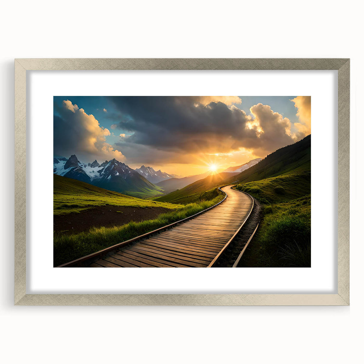 Textured abstract art print of a stylized train in muted gray and silver, framed with a silver mat.