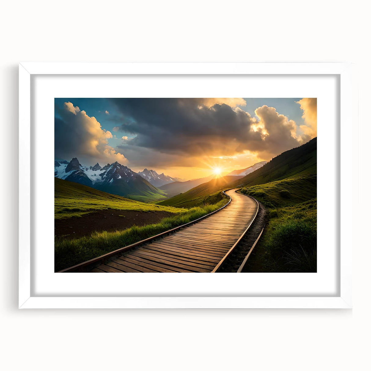 Abstract art print featuring a stylized train in muted gray and blue tones, ideal for modern bedroom or dining room decor.