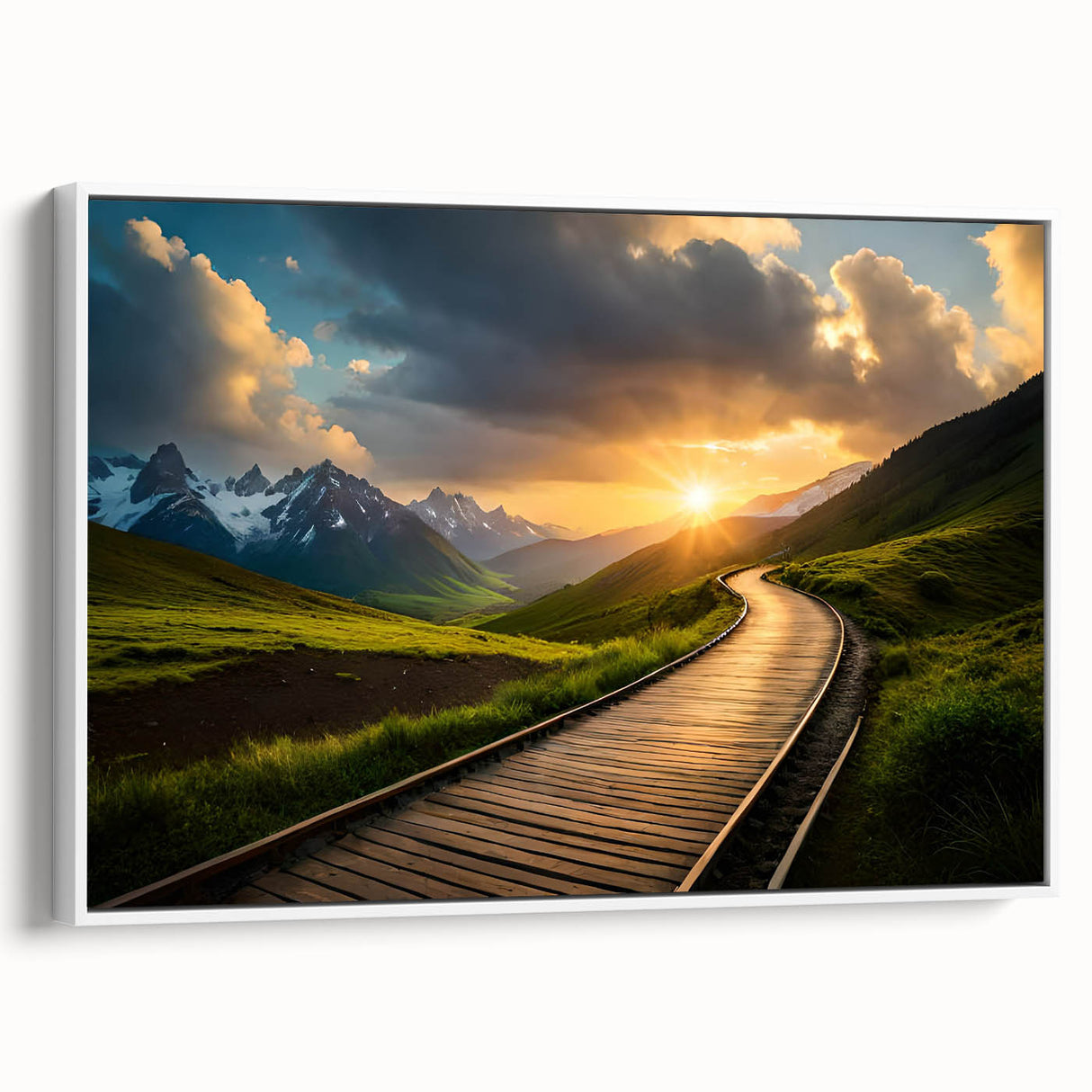 Vintage poster art of a colorful train on a black background, framed canvas, ideal for living room decor.