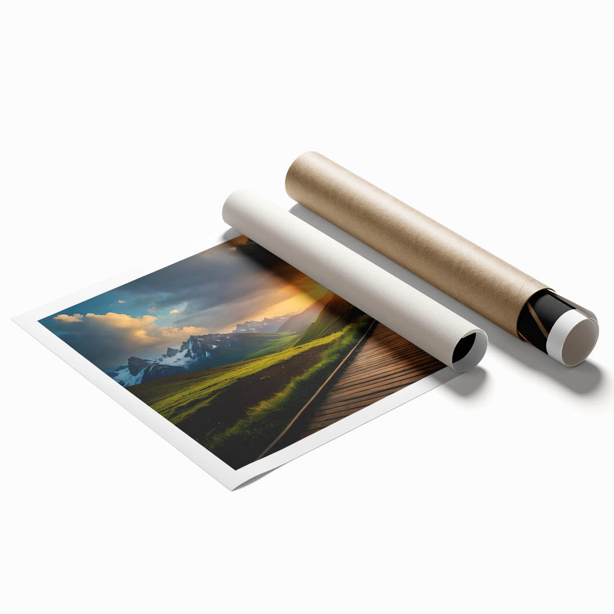 Extra large rolled print featuring a vintage train in muted earth tones, ideal for classy bathroom wall art.