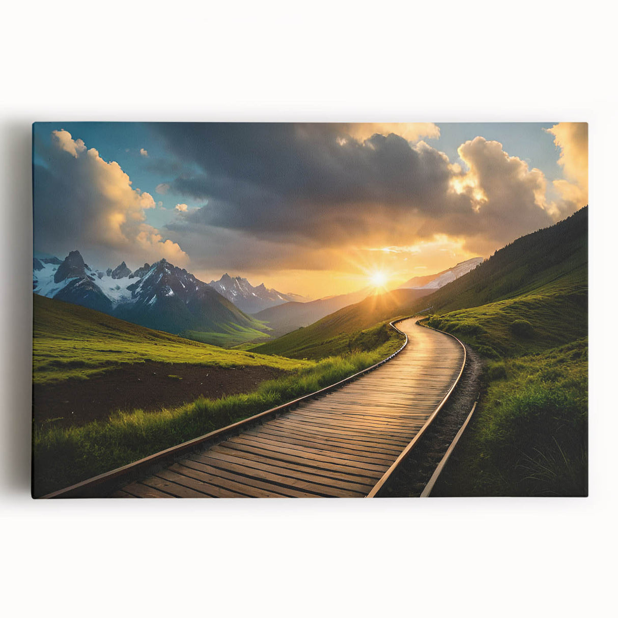Black and white photo of a vintage train on stretched canvas, ideal for kitchen wall art.