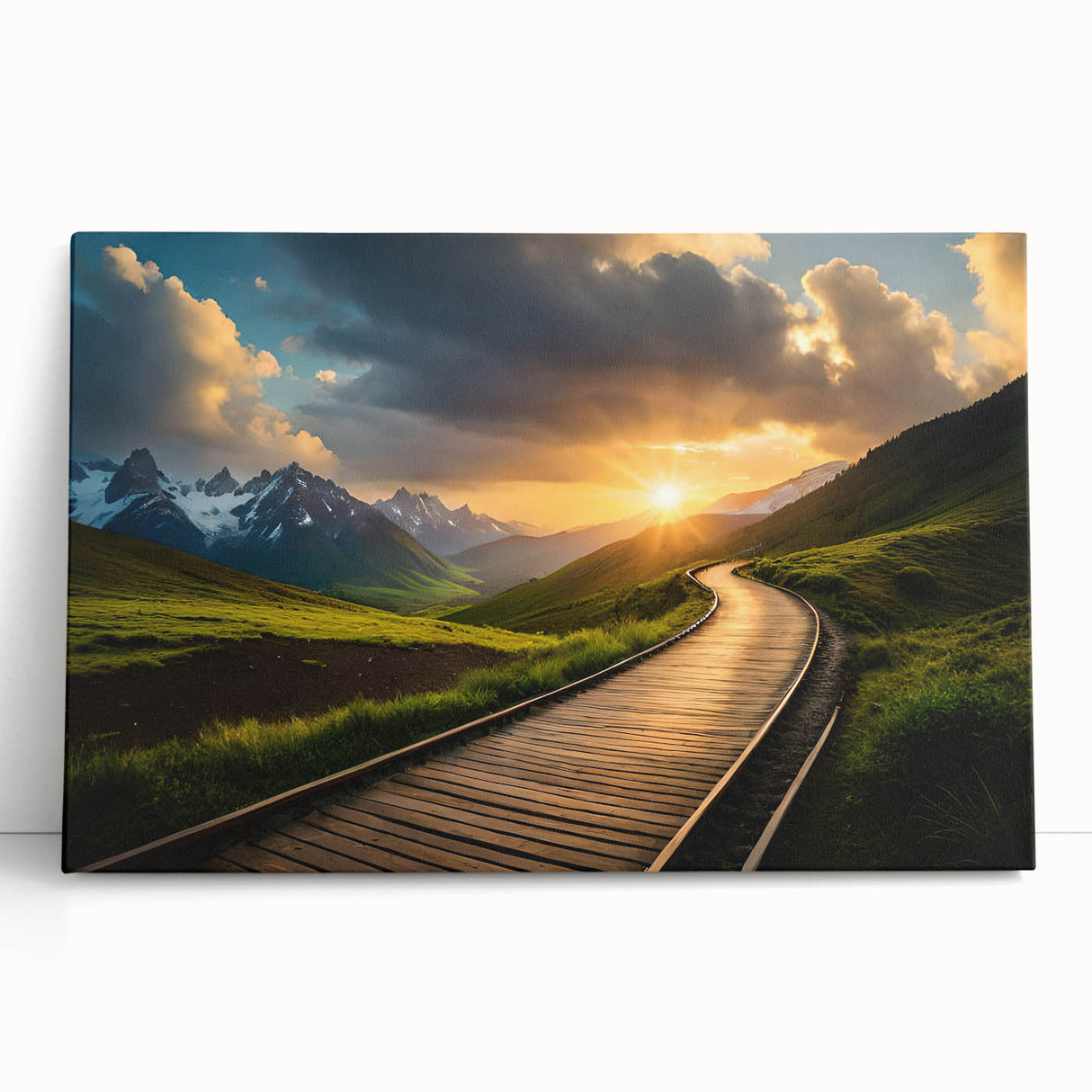 Black and white photo of a train on stretched canvas, suited for kitchen or bedroom wall art.