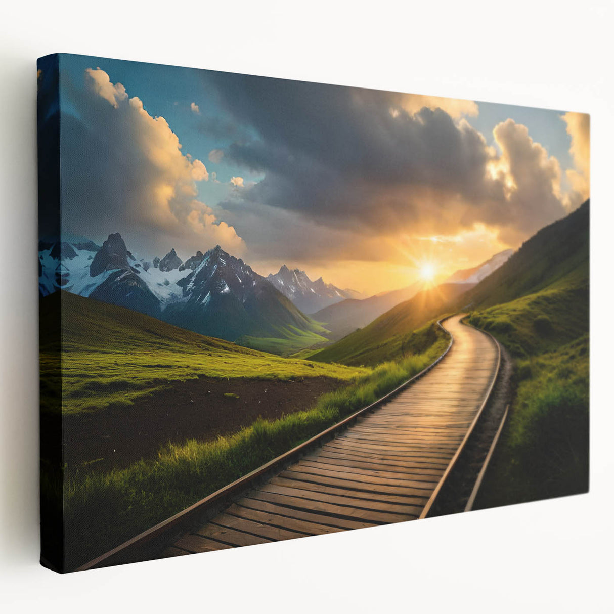 Large art print of a vintage train in muted earth tones on stretched canvas, ideal for kitchen wall art.