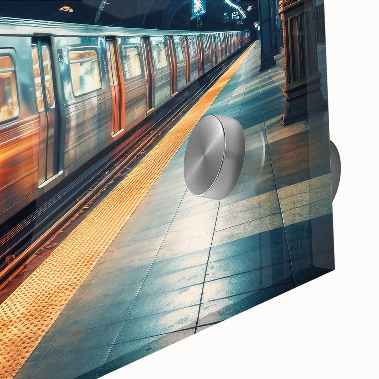 Mid-century modernist train art in muted grays and blues on acrylic glass, ideal for dining room decor.