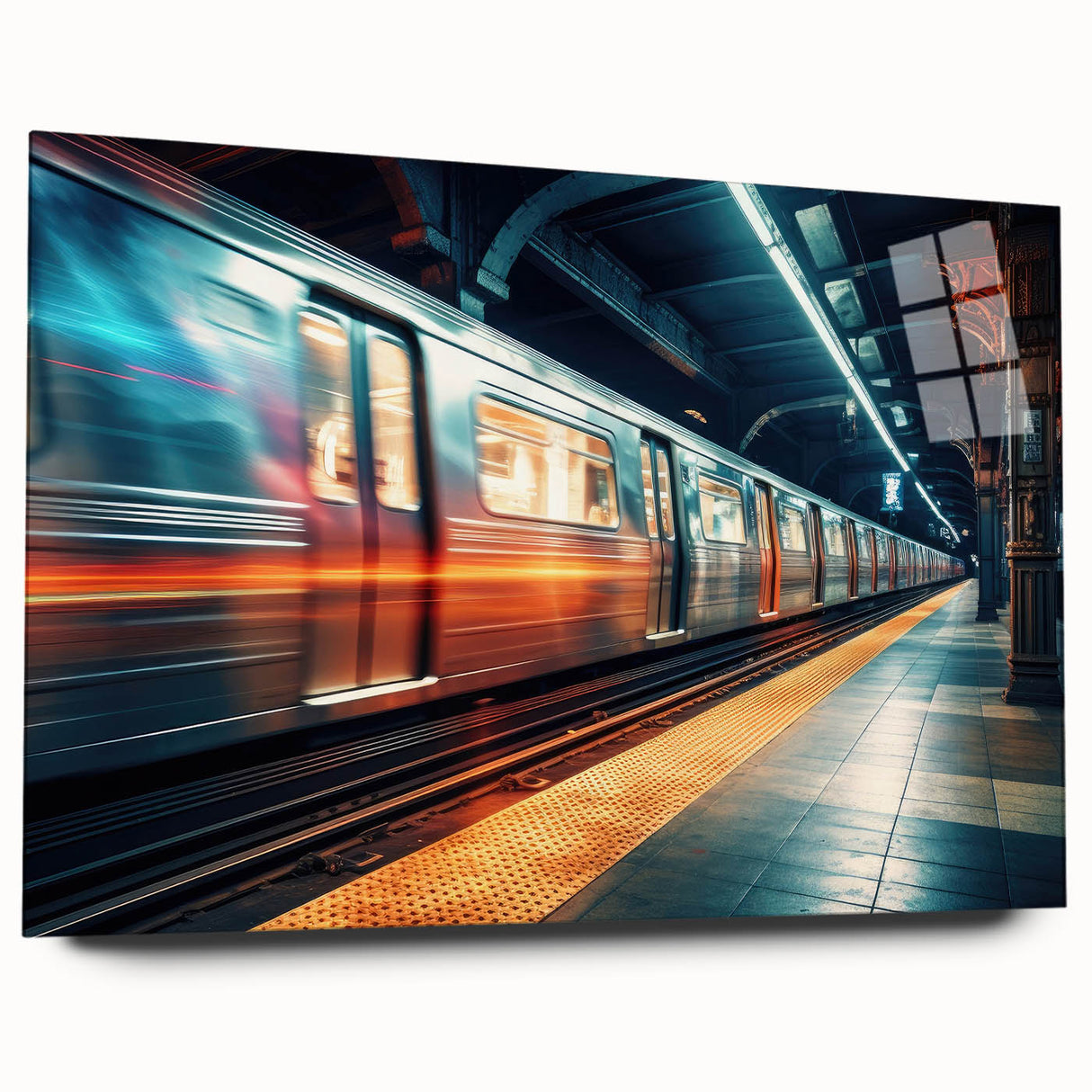 Side view of a large abstract train design in muted gray and blue tones on acrylic glass.