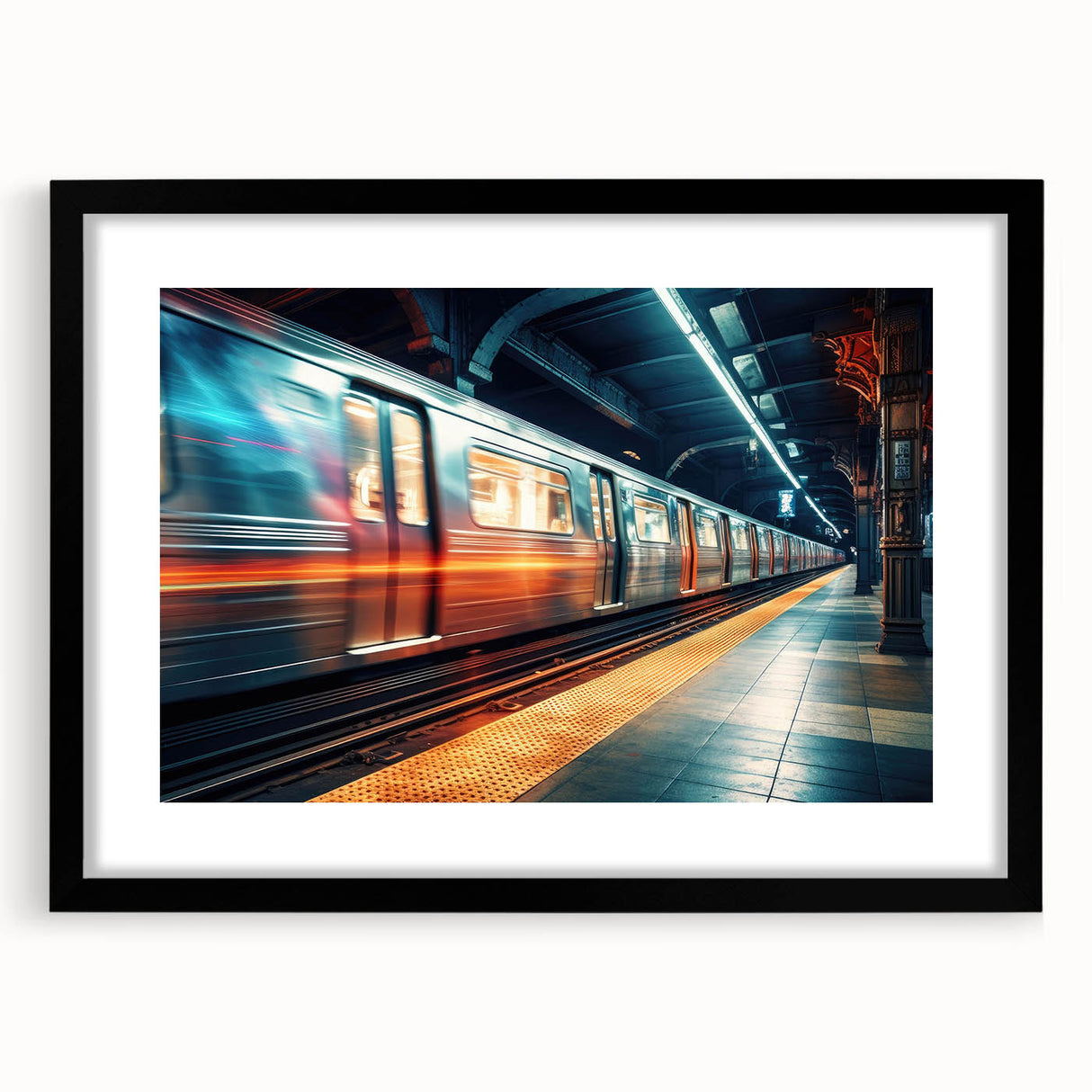 Extra large, colorful abstract art print of a stylized train on a textured canvas, framed in black.