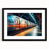 Extra large, colorful abstract art print of a stylized train on a textured canvas, framed in black.