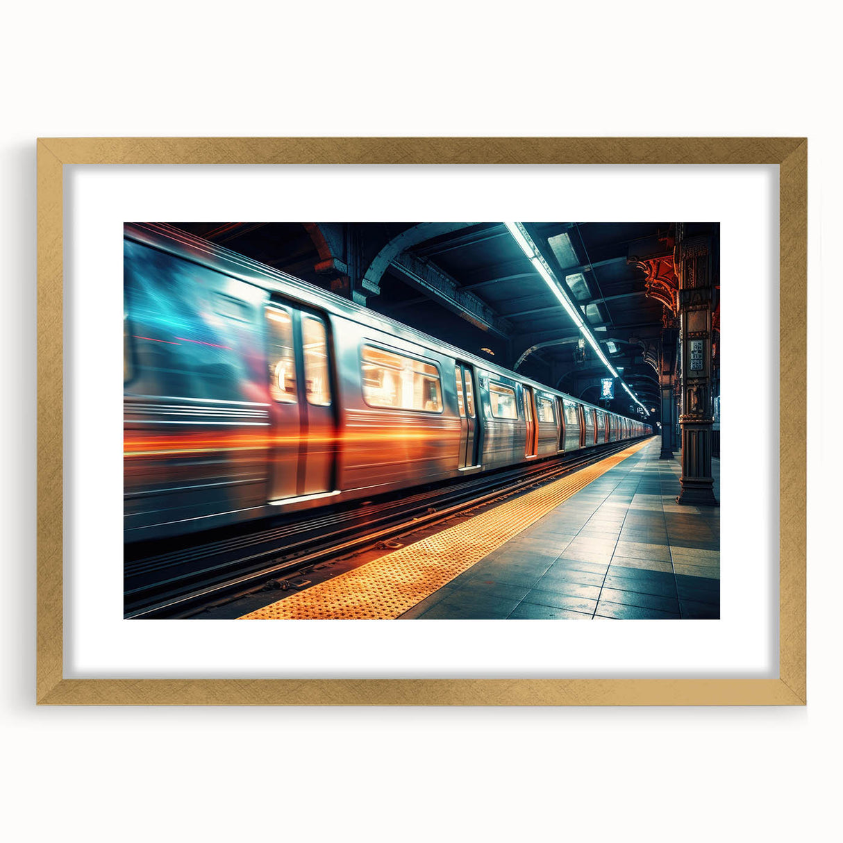 Extra large abstract art print of a stylized train in neutral tones, framed in gold, ideal for living room decor.