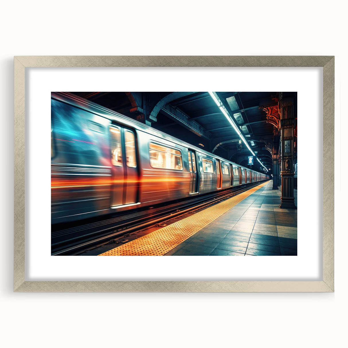 Textured art print of an abstract train design in muted grays and blues, framed in silver, ideal for bedroom decor.