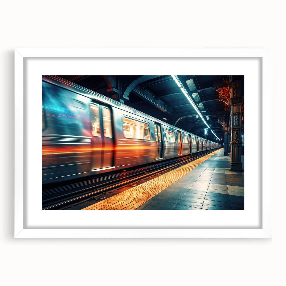 Abstract art print of a stylized train in muted gray and blue tones, framed with a white mat, suitable for dining room decor.
