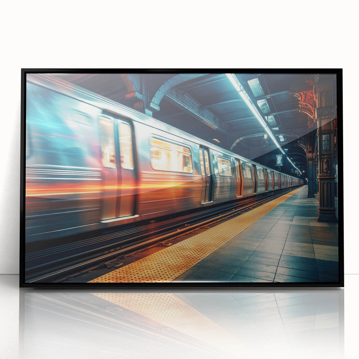 Large abstract wall art of a train in monochrome, framed acrylic, ideal for modern decor.