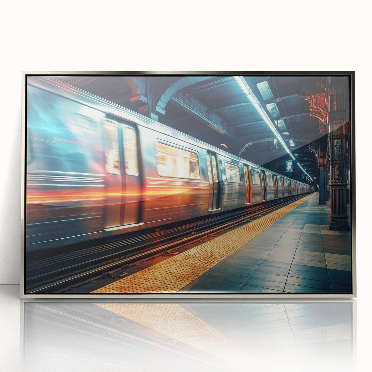 Mid-century modernist art of a stylized train in silver and gray tones on a framed acrylic, ideal for nursery wall art.