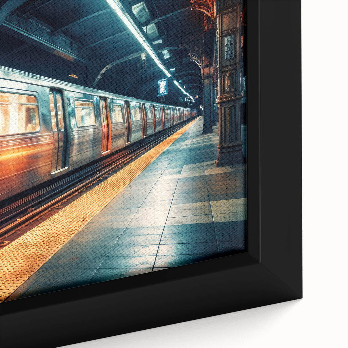 Framed canvas featuring a textured, colorful depiction of a train on a black background.