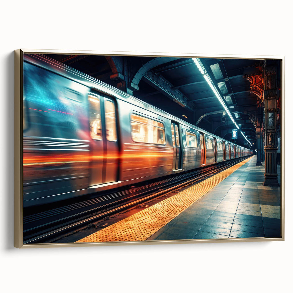 Side-view of a vintage train in black and gold tones on framed canvas, ideal for bedroom wall decor.