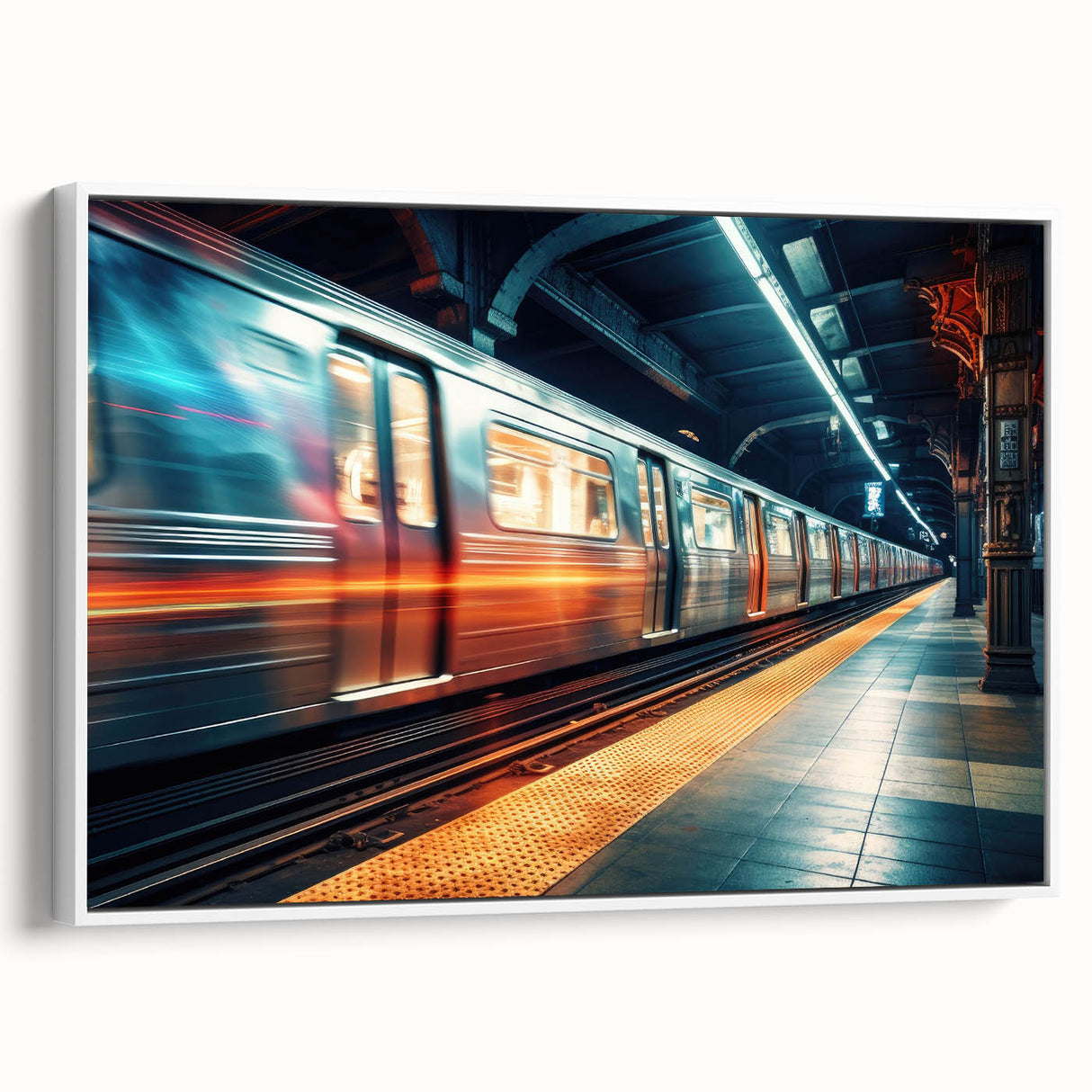 Vintage poster art of a colorful train on a white framed canvas, ideal for extra large living room decor.