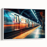 Vintage poster art of a colorful train on a white framed canvas, ideal for extra large living room decor.