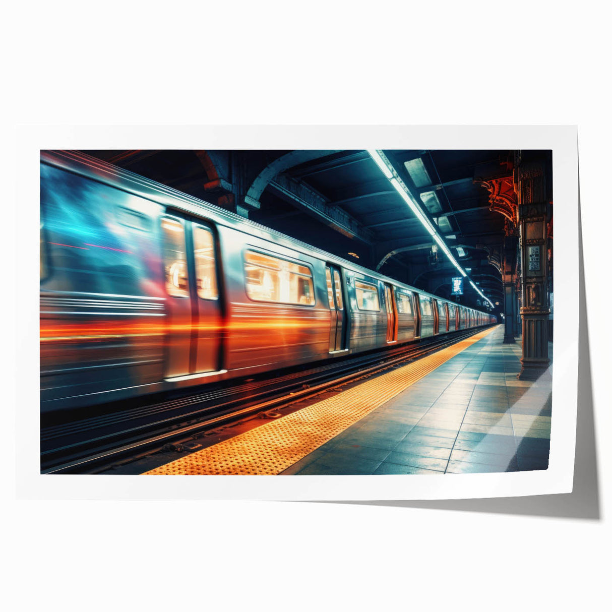 Vintage train illustration in muted earth tones on rolled canvas, ideal for art wall dining room.