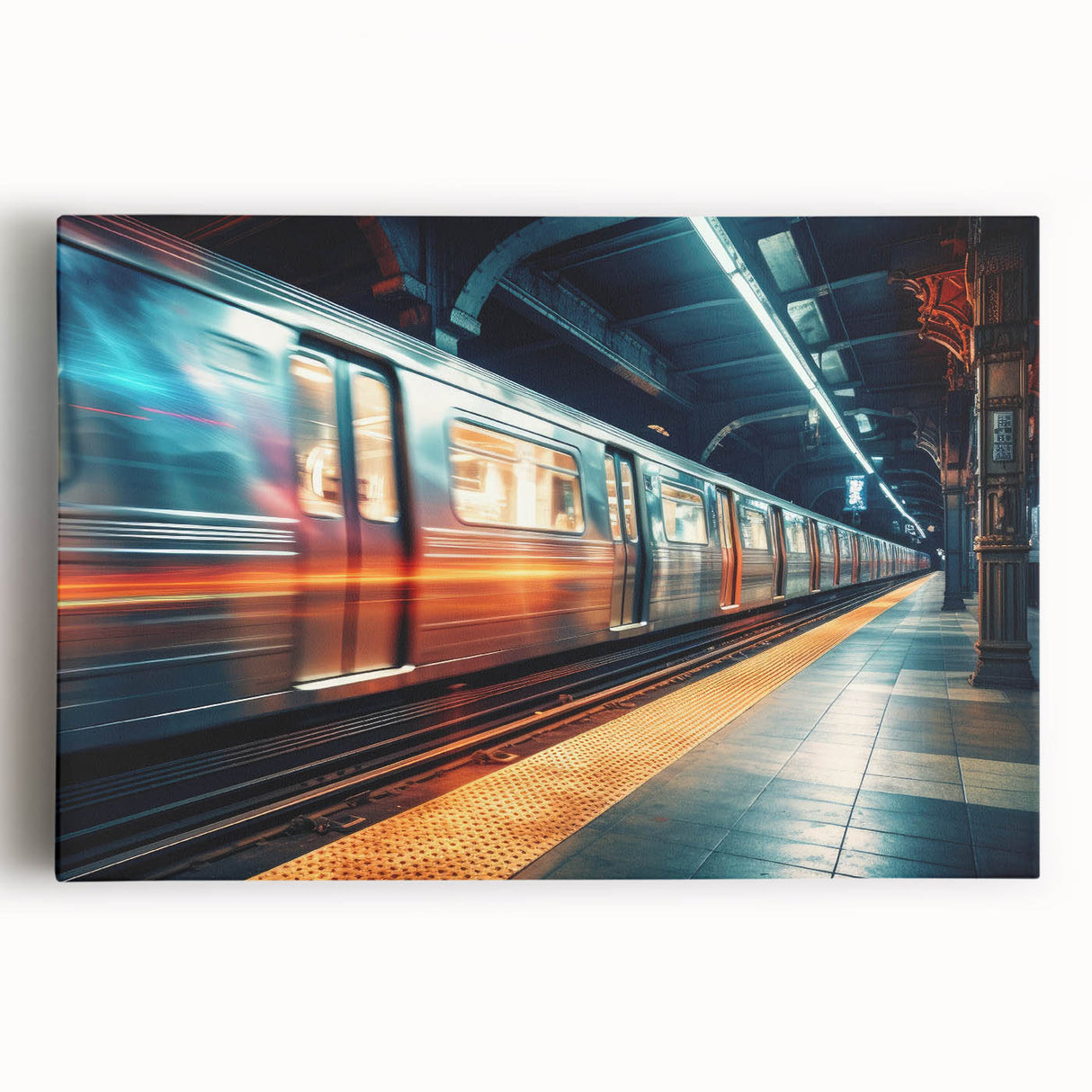 Black and white photograph of a vintage train, printed on large stretched canvas, ideal for kitchen wall art.