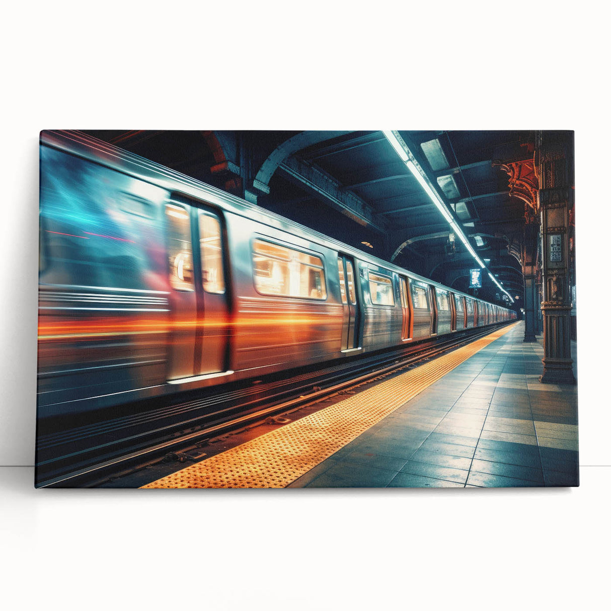 Black and white photograph of a vintage train on stretched canvas, ideal for kitchen wall art or bedroom decor.