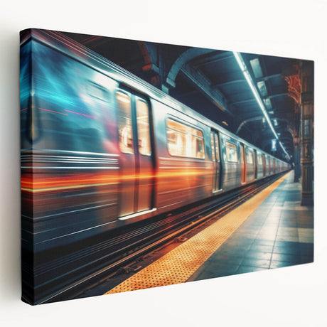 Side view of a vintage train in muted earth tones on a large stretched canvas, suitable for kitchen wall art.