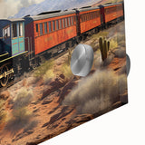 Mid-century modernist train artwork in muted earth tones on large acrylic glass, perfect for dining room art.