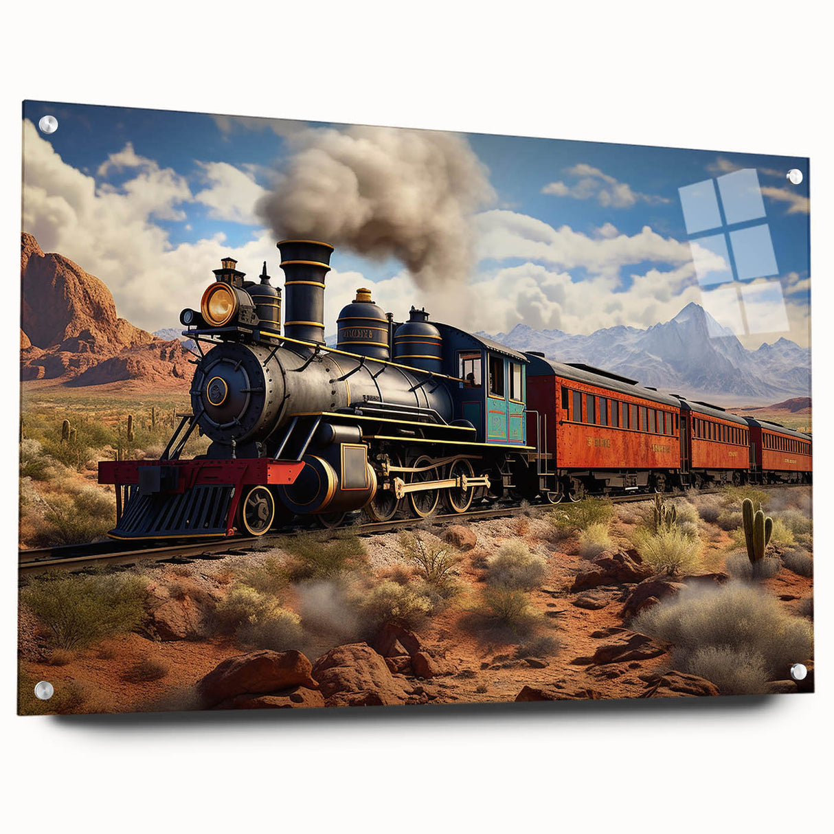 Side view of a train depicted in vibrant colors on acrylic glass, suitable for bedroom or dining room decor.