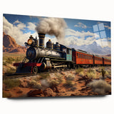 Side view of a large abstract train print on acrylic glass, featuring muted gray and blue tones.