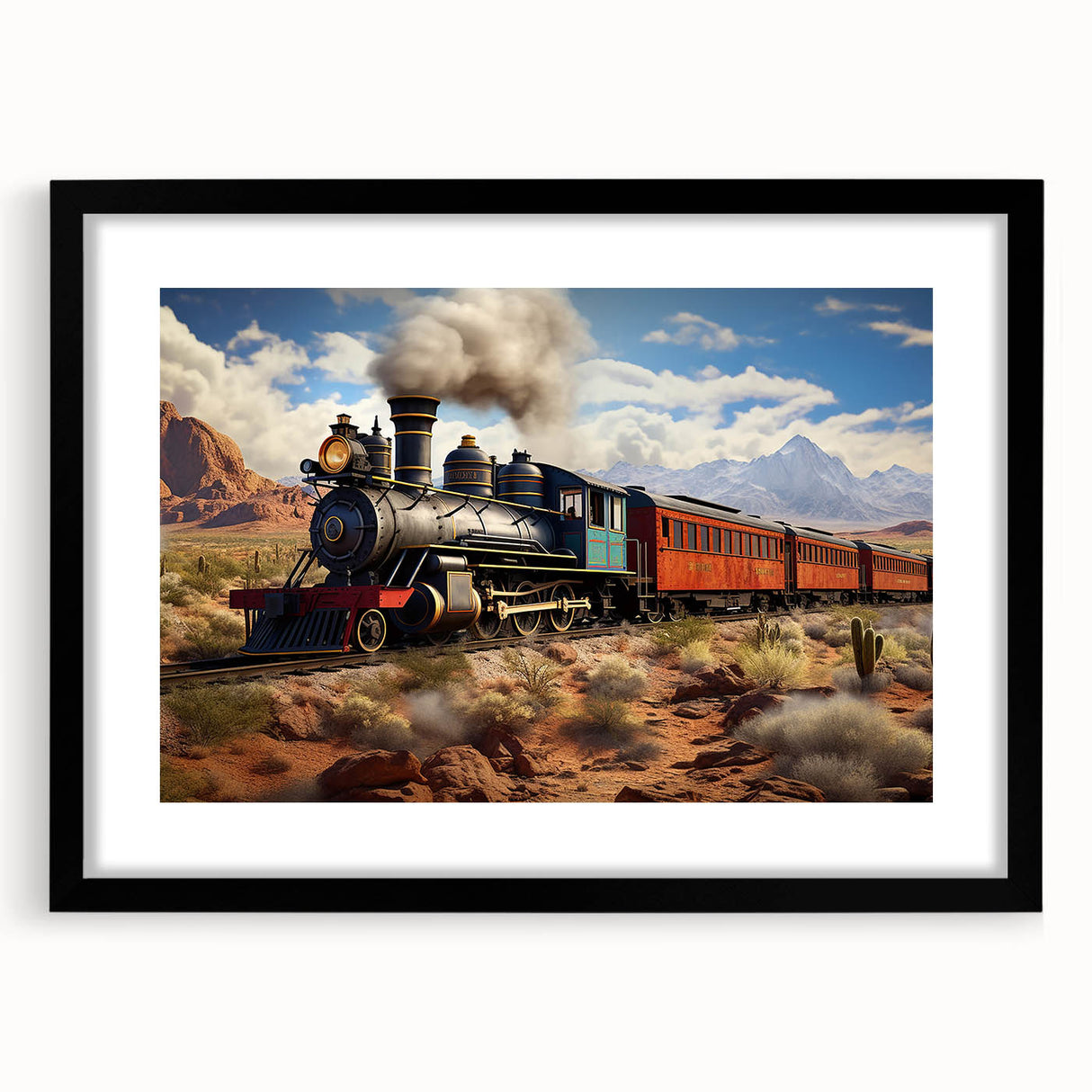 Extra large abstract art print of a colorful, textured train, framed in black, ideal for living room decor.