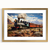 Extra large abstract train print in muted gray tones on a textured canvas, framed in gold, suitable for living room decor.