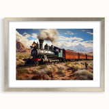 Textured abstract art print of a train, in silver frame with mat, featuring neutral gray tones, ideal for bedroom art.