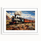 Abstract art print of a stylized train in muted gray and blue tones on a white framed canvas, suitable for dining room decor.