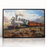 Framed acrylic print of a large abstract wall art depicting trains in mid-century modernist style with a monochrome palette.