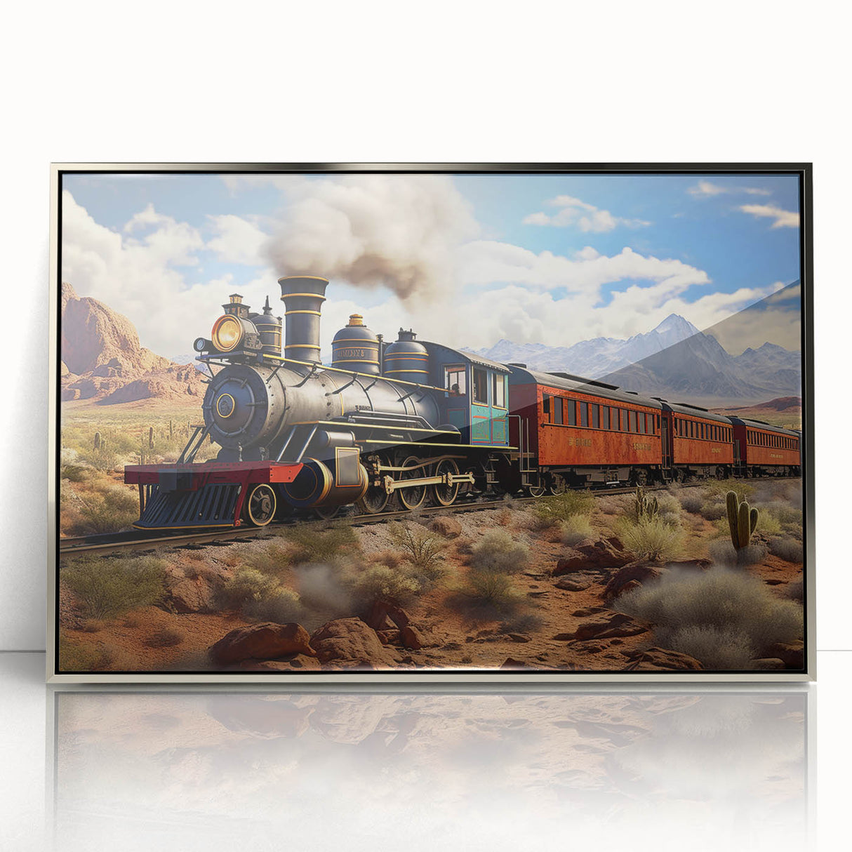 Mid-century modernist art deco train illustration in muted gray and blue tones, framed acrylic, ideal for nursery wall art.